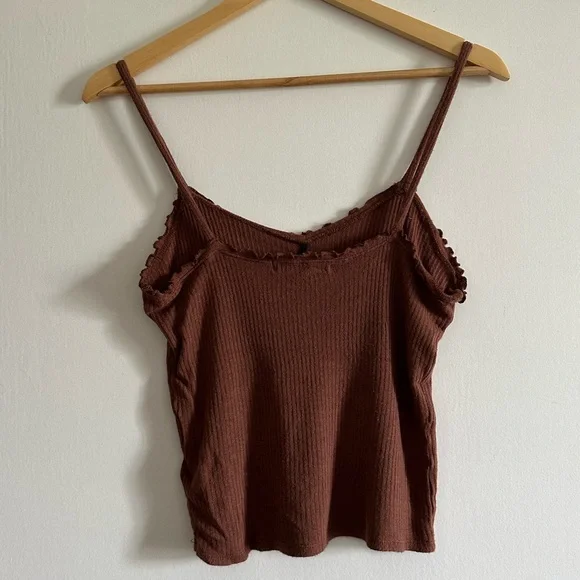 Urban Outfitters Project Social T Brown Ribbed Ruffle Dainty Tank Top Size M EUC - Picture 6 of 9